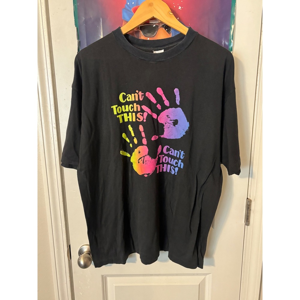 Vintage 90s Cant Touch This Graphic T-Shirt Mens XL Black Neon MC Hammer Style
